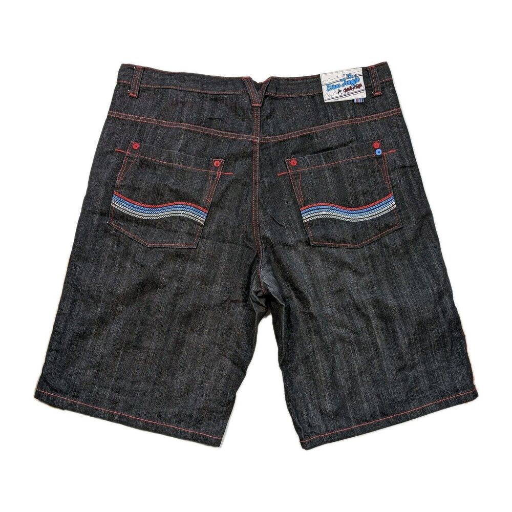 Five Jungle Jean Shorts Size 46 Black Denim Y2K Baggy Fit Embroidered Pockets